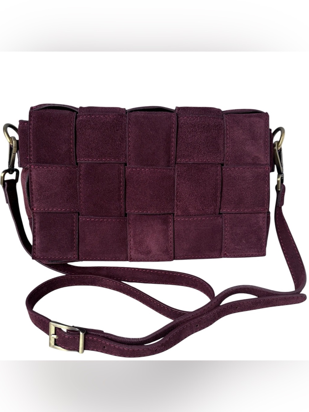 Viola Castellani Genuine Suede Woven Padded Flap Crossbody Bag Dark Purple